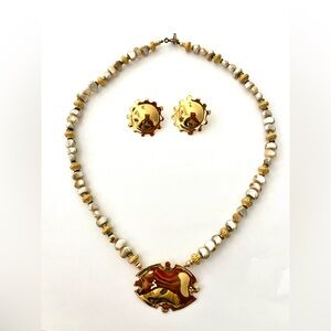 Vintage Carlton Ridge Sutton Hoo Gold and Cream Necklace and Earrings Set